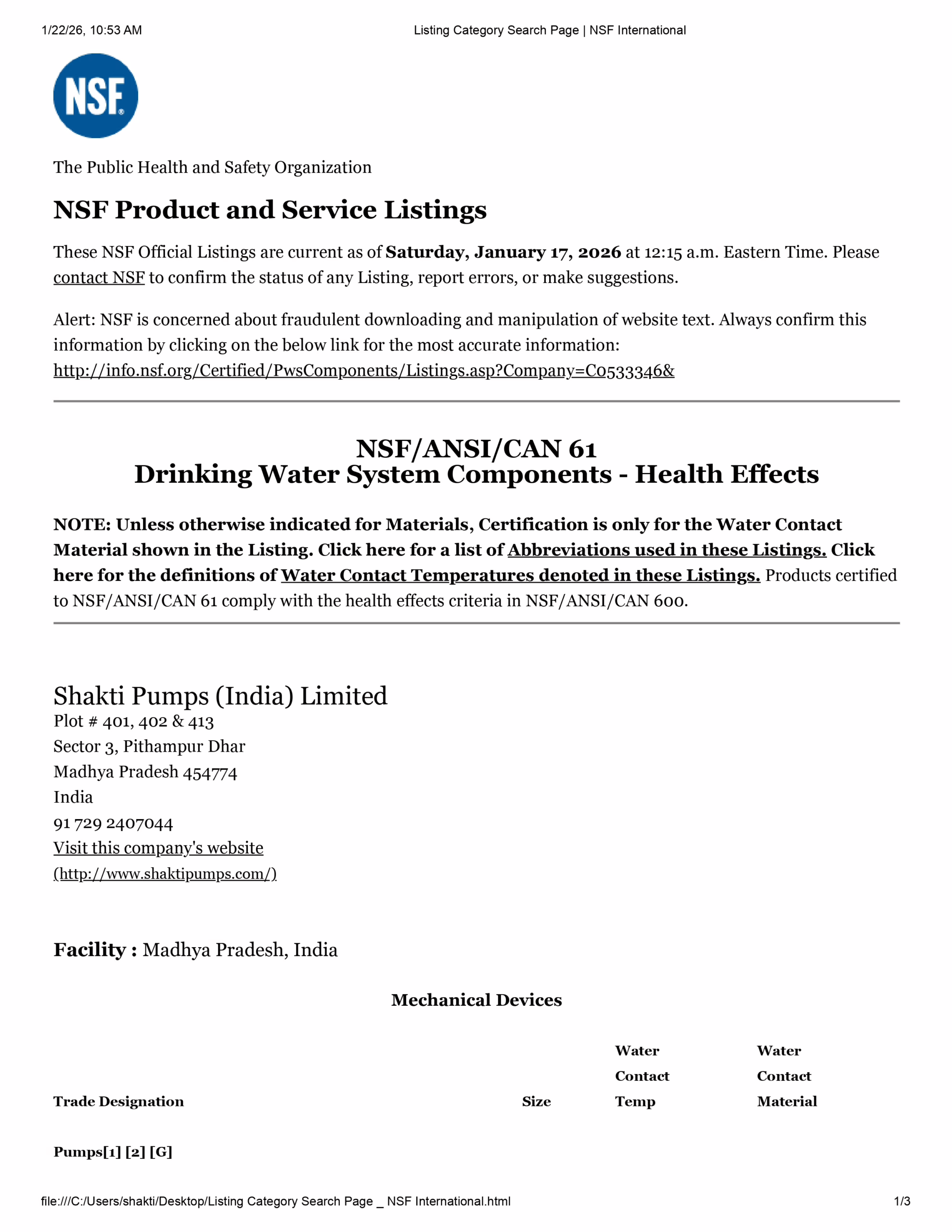 NSF Product and Service Listings